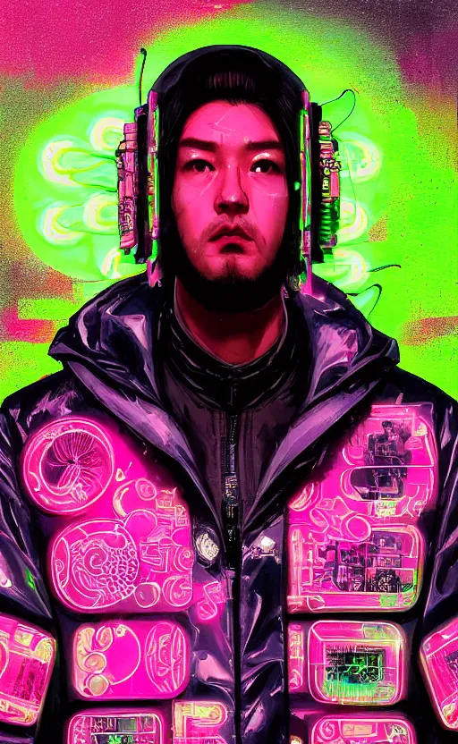 Prompt: detailed portrait Quest Love Neon Operator, cyberpunk futuristic neon, reflective puffy coat, decorated with traditional Japanese ornaments by Ismail inceoglu dragan bibin hans thoma !dream detailed portrait Neon Operator Girl, cyberpunk futuristic neon, reflective puffy coat, decorated with traditional Japanese ornaments by Ismail inceoglu dragan bibin hans thoma greg rutkowski Alexandros Pyromallis Nekro Rene Maritte Illustrated, Perfect face, fine details, realistic shaded, fine-face, pretty face