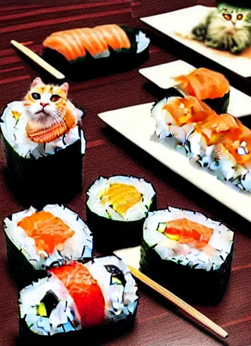 Image similar to clear photorealistic picture of adorable cats made out of sushi