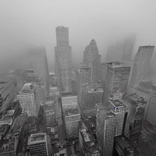 Image similar to a black and white medium shot of a foggy city heavy contrast selective exposure dark heavy black