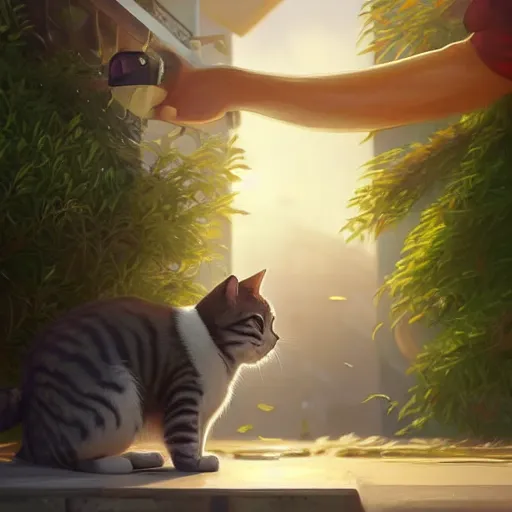 Prompt: a cat exists next to a man. digital art. artstation. realistic. vibrant. illustration. in the style of pixar movie. octane render. art by makoto shinkai, stanley artgerm lau, wlop, rossdraws. volumetric lighting.