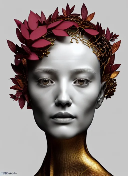 Image similar to complex 3d render ultra detailed of a beautiful porcelain profile woman face, mechanical vegetal cyborg, 150 mm, beautiful studio soft light, rim light, silver gold red details, magnolia big filigran leaves and stems, roots, Alexander Mcqueen haute couture, fine foliage lace, mesh wire, filigran metallic intricate details, hyperrealistic, mandelbrot fractal, anatomical, silver metal armor, facial muscles, cable wires, microchip, elegant, white background, beautiful white teeth, octane render, H.R. Giger style, 8k