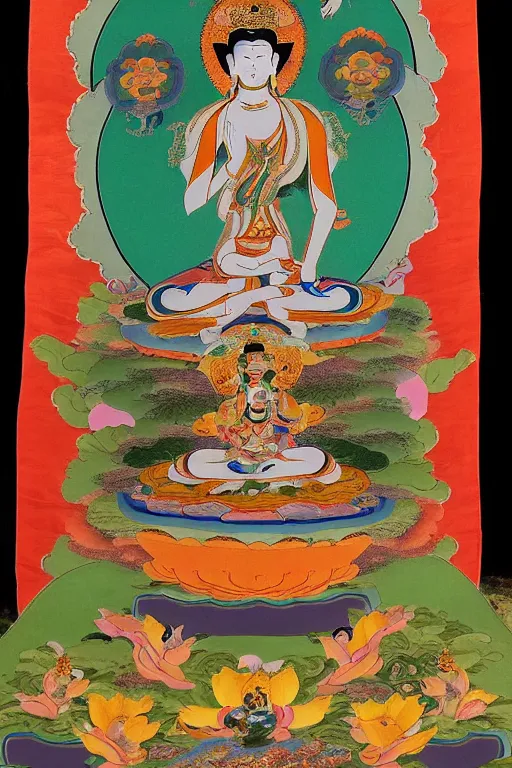 Prompt: The thangka is of Green Tara, a female Bodhisattva in Mahayana Buddhism. She is shown seated in lalitasana on a lotus pedestal, with her right leg extended and her left leg drawn in. She has a serene and serene expression, and her body is adorned with jewelry and a flowing garment. Her right hand is in the abhaya mudra, while her left hand holds a lotus blossom. Her green skin symbolizes her name, and her color is also associated with the element of wind.