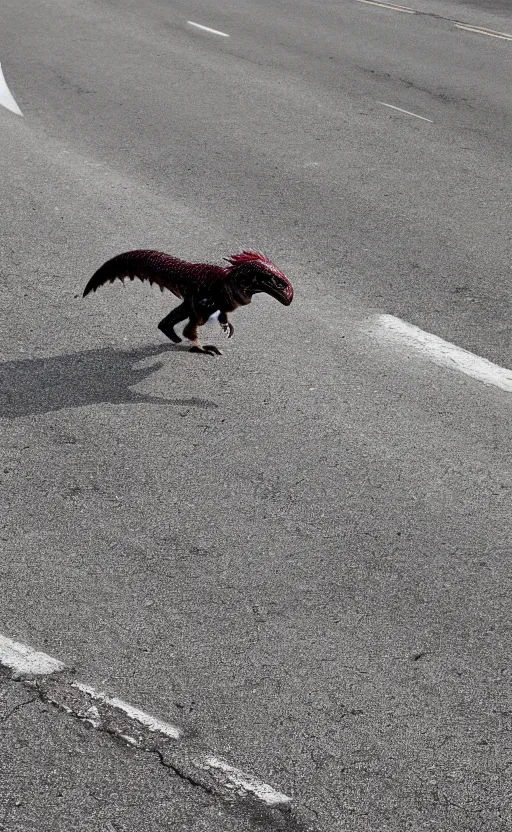 Prompt: a utahraptor running cross the road, realistic, 3 5 mm, 4 k