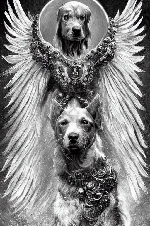 Prompt: a dog as god with a radiant halo and wings, detailed face, gorgeous, flowing hair, very muscular male body, partial anatomy, stormy and grand war scene, delicate and intricate borders for decoration, caesar victorious, proud Emperor, split lighting, intricate, highly detailed, 8K, digital painting, fantasy, concept art, sharp focus, close-up, art by greg rutkowski beeple and alphonse mucha