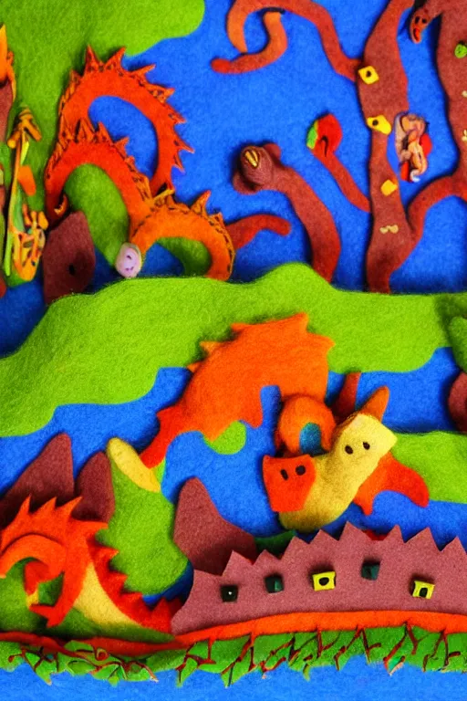 Prompt: felt dragon attacking a clay town, colorful, vibrant