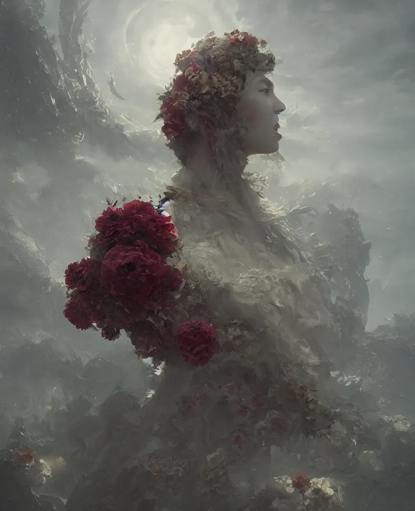 Image similar to a fancy portrait of a giant floating flower by Greg Rutkowski, Sung Choi, Mitchell Mohrhauser, Maciej Kuciara, Johnson Ting, Maxim Verehin, Peter Konig, Bloodborne , 8k photorealistic, cinematic lighting, HD, high details, atmospheric , trending on artstation