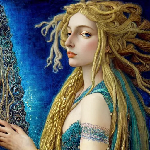 Prompt: intricate detail, hyper detail, lady of elche techno mystic princess intergalactica, ashteroth, with aqua neon rapunzel dreadlocks, detailed, by sandro botticelli, gaston bussiere, h. r. giger, masterpiece, sharp focus,