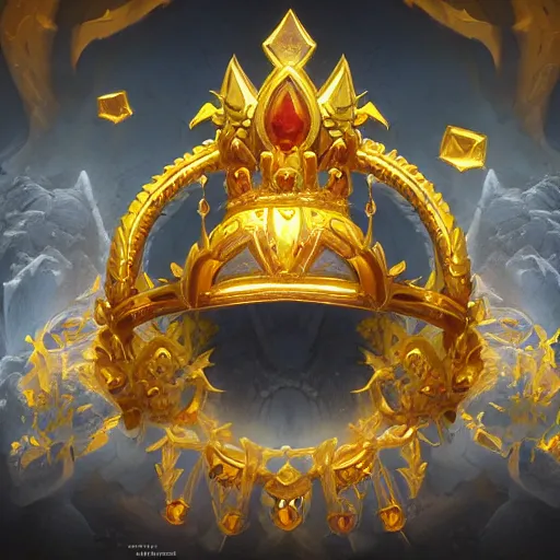 Prompt: a golden majestic crown with gemstone carved into it, floating crown, the crown the crown, yellow magic theme, bright art masterpiece artstation. 8 k, sharp high quality artwork in style of jose daniel cabrera pena and greg rutkowski, concept art by tooth wu, blizzard warcraft artwork, hearthstone card game artwork, the crown