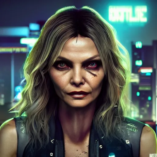 Prompt: michelle pfeiffer portrait, cyberpunk 2 0 7 7, cyberpunk judy alvarez, photorealistic, ultra detailed, neon, octane, bokeh, cinematic lighting, cyber, cyberpunk city, studio quality, feature, scars, cyberface, 8 k