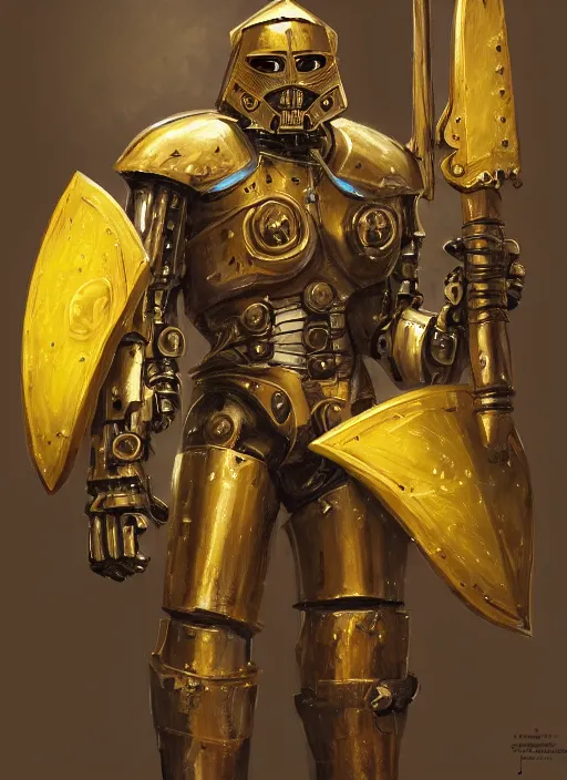 Image similar to dynamic portrait of a intricate glorious holy mechanical warforged pit droid character in yellow armor holding a paladin engraved great longsword and carrying a big shield, epic , trending on ArtStation, cinematic lighting, by Jesper Ejsing