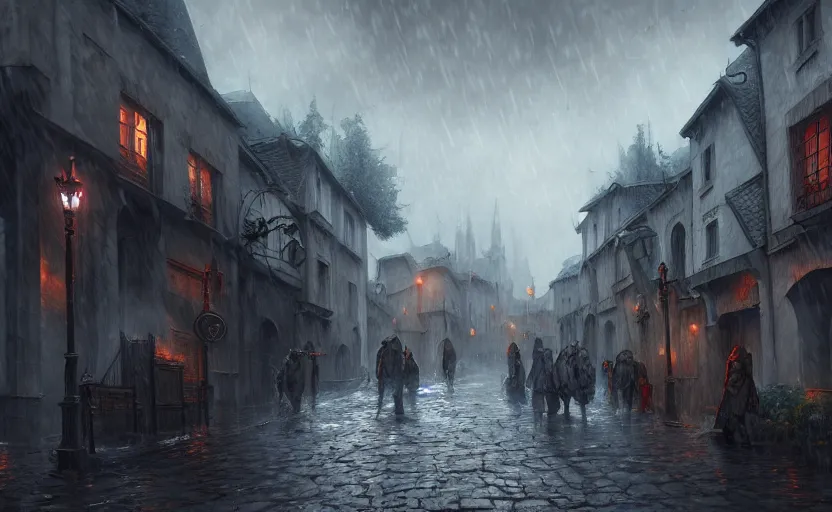 Image similar to extreme long shot concept art depicted rainy old french village, high details, dramatic mood, deep environment, art by legends of runeterra and tomasz jedruszek and gabor szikszai, trending on artstation, unreal engine, 8 k, 4 k