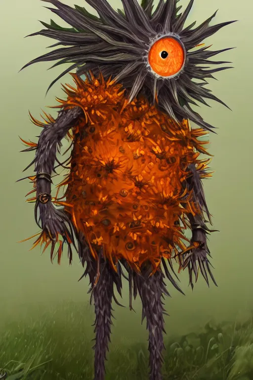 Image similar to a humanoid figure dandelion moss plant monster thistle armour, orange eyes, highly detailed, digital art, sharp focus, trending on art station, anime art style