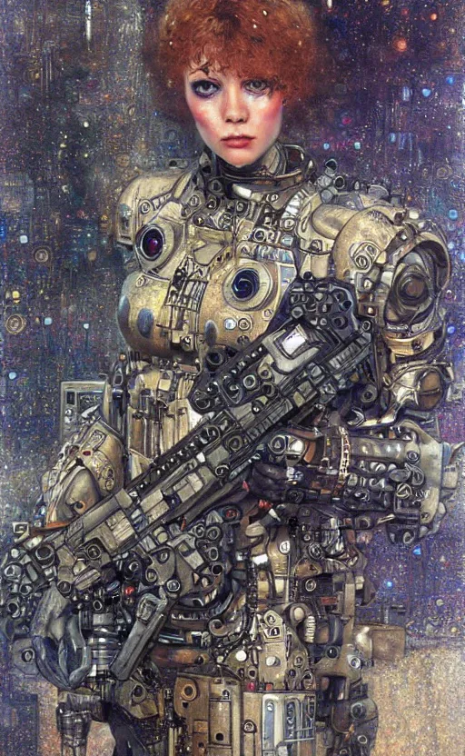 Prompt: cybernetic female supersoldier armed with laser rifle, intricate detail, klimt, royo, whealan,