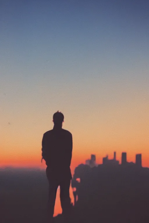 Image similar to agfa vista 4 0 0 photograph of a guy standing on top of a hill watching a city burn in the distance, back view, synth vibe, vaporwave colors, lens flare, moody lighting, moody vibe, telephoto, 9 0 s vibe, blurry background, grain, tranquil, calm, faded!,