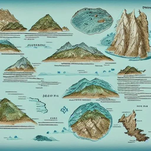 Image similar to imaginary map of an island, drawing of different elements in the lands, different realms, blueprint, infographic, on paper, natural colors, desert + sea + mountain + volcano + city + jungle, vintage, with notes, highly detailed, trending on artstation, fantasy art