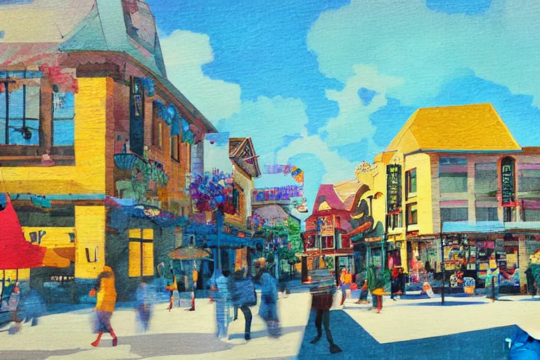 Image similar to townsquare in a sunny day, artwork by tooth wu, colorful high contrast, very coherent, dark shadow