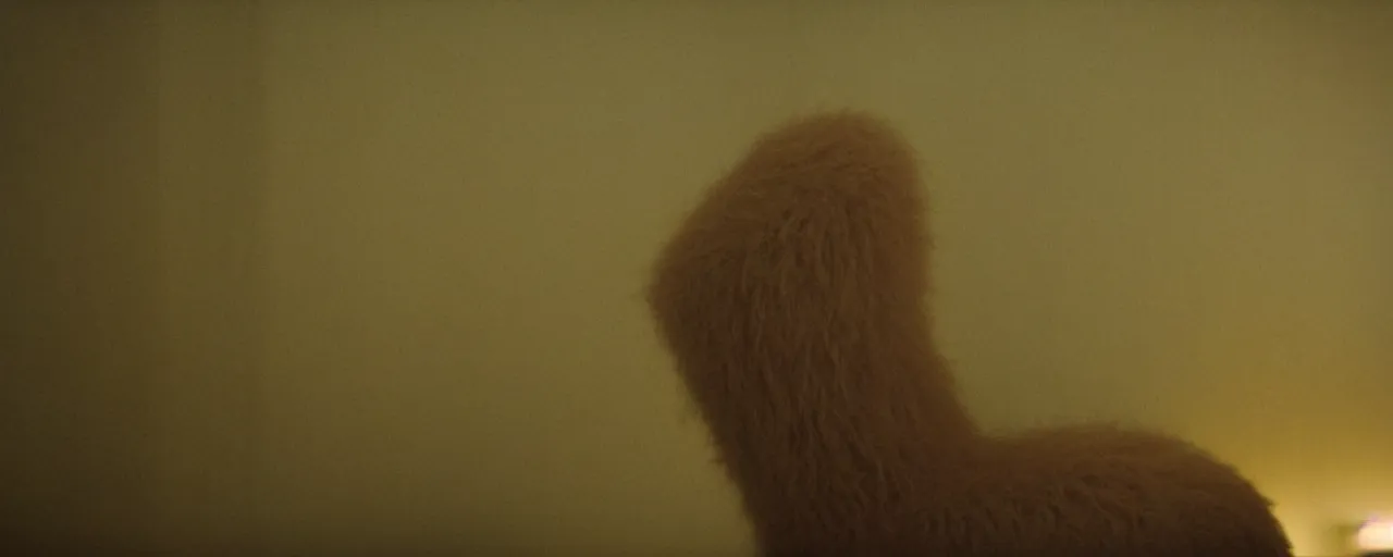 Image similar to a strange creature sits in the living room, film still from the movie directed by Denis Villeneuve with art direction by Zdzisław Beksiński, close up, telephoto lens, shallow depth of field