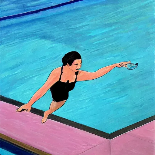 Prompt: A woman diving into a swimming pool wearing a black swimsuit. Wineglass on the pool deck. Painting by kjarval