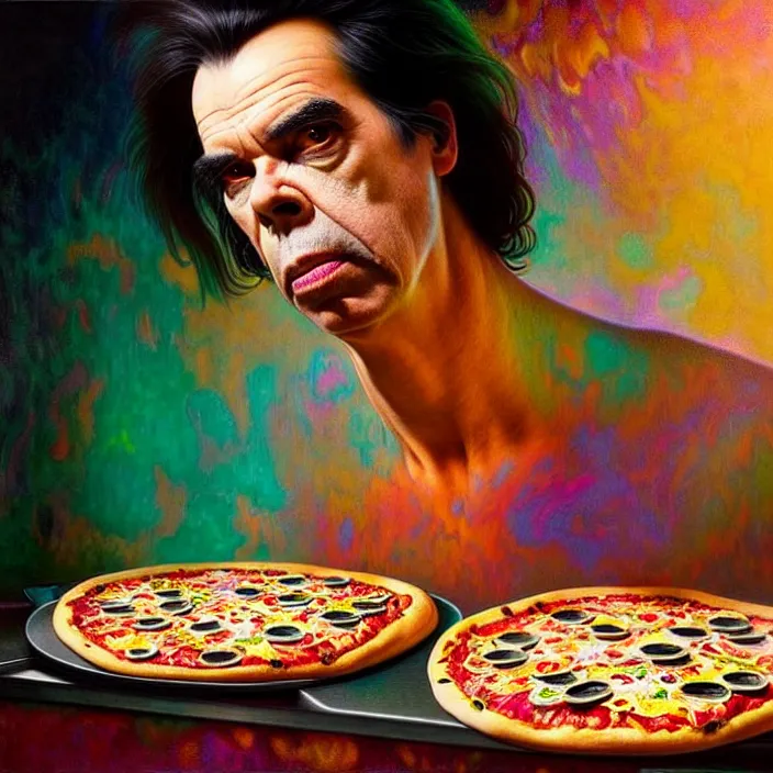 Prompt: bright psychedelic portrait of nick cave baking a pizza, diffuse lighting, fantasy, intricate, elegant, highly detailed, lifelike, photorealistic, digital painting, artstation, illustration, concept art, smooth, sharp focus, art by John Collier and Albert Aublet and Krenz Cushart and Artem Demura and Alphonse Mucha