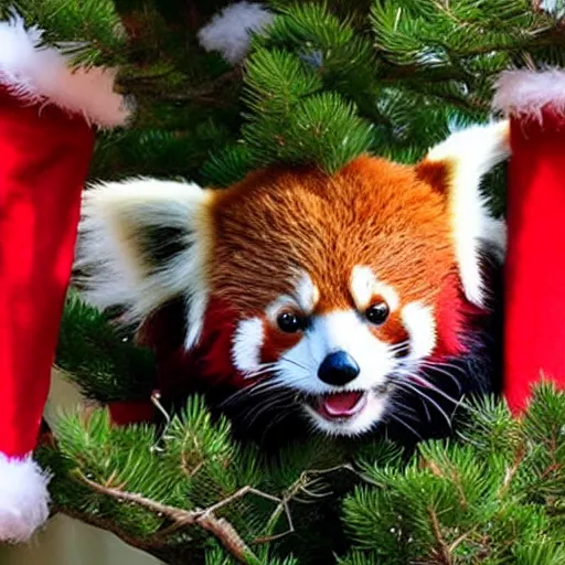 Prompt: a red panda wearing a christmas hat in a tree