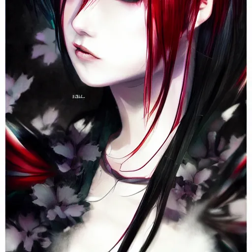 Prompt: heroine, beautiful, sui ishida with black hair art manga, hyperrealistic, highly detailed, a real photographic, digital art, digital art, 8 k, character, realistic, portrait, female samurai, symatrical, dark atmospheric lighting, manga style, artstation, symetric, lineart