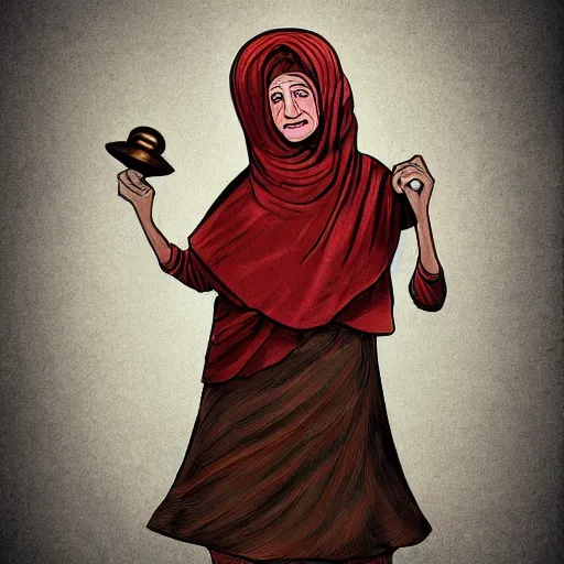 Image similar to a babushka hits a gong in a dark ballroom, she wears a dune - inspired outfit and accessories with a bit of spice from the world she is from, digital art