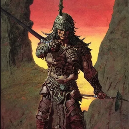 Image similar to warrior holding sword aloft. Fantasy artwork by Moebius and Frank Frazetta