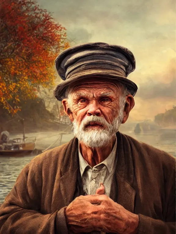 Image similar to realistic renderings portrait of very old fisher man portrait with a hat, port scene background, astonishing scenes, detailed, photorealism, volumetric lighting, autumn lights colors, ultra detailed