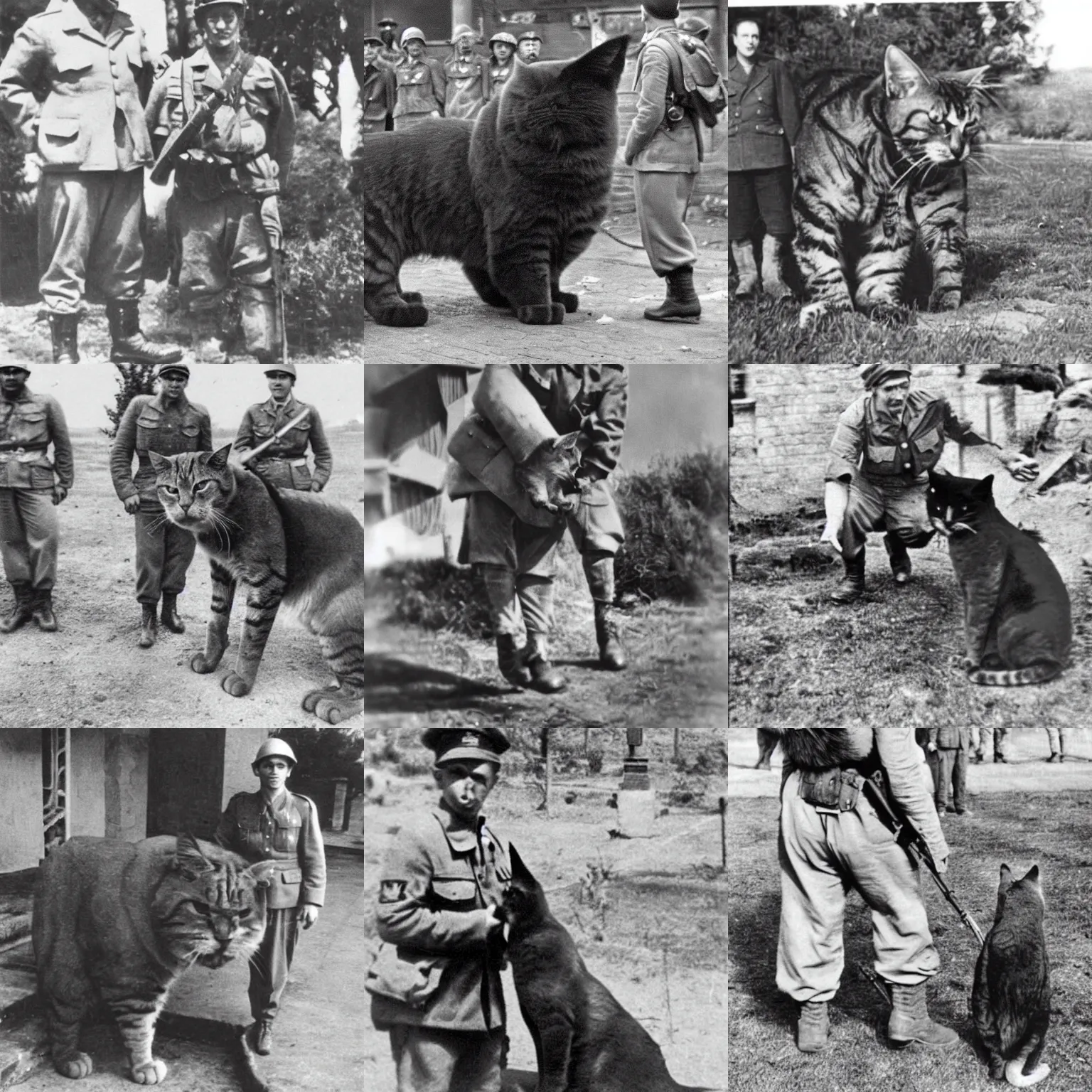 Prompt: a gigantic cat as a soldier in the ww 2, black and white historical documentary photo, archive still