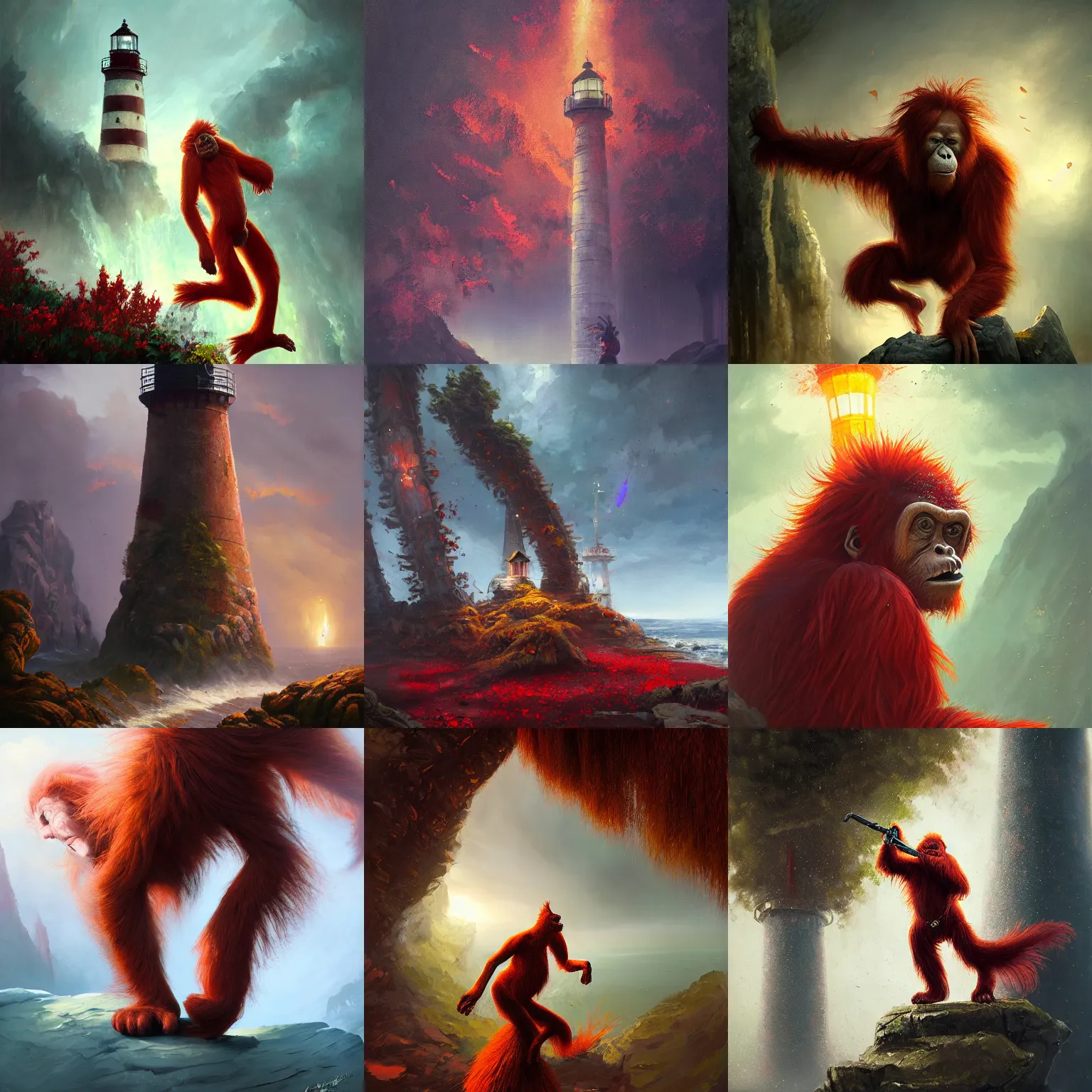 Prompt: red orangutan stomp at lighthouse, oil painting, tooth wu, greg rutkowski, rpg portrait, dynamic lighting, fantasy art, high contrast, colorfull, godrays, depth of field, close up, distant view, floral explosion