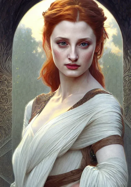 Image similar to sansa angeline jolie gessica chastain sea, intricate, elegant, highly detailed, digital painting, artstation, concept art, smooth, sharp focus, illustration, art by artgerm and greg rutkowski and alphonse mucha and william - adolphe bouguereau