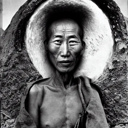 Prompt: ultra realistic vintage photo portrait of a tibetan man with a big hole on the forehead, by Annie Leibovitz,