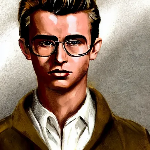 Image similar to a highly detailed epic cinematic concept art CG render digital painting artwork costume design: young James Dean as a well-kept neat perfect formal student in a 1950s USSR school uniform. By Mandy Jurgens, Lim Chuan Shin, Simon Cowell, Barret Frymire, Dan Volbert, Beeple, Butcher Billy, David Villegas, Irina French, Heraldo Ortega, Rachel Walpole, Jeszika Le Vye, trending on ArtStation, excellent composition, cinematic atmosphere, dynamic dramatic cinematic lighting, aesthetic, very inspirational, arthouse