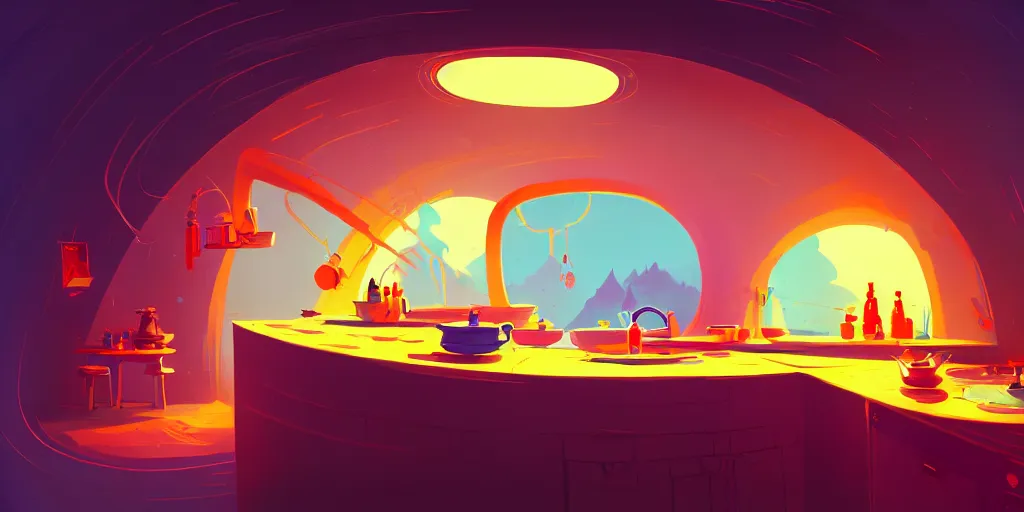 Prompt: naive nerikomi, weird perspective, extra narrow, detailed illustration of a kitchen dim lit by flashlight in a scenic spiral environment by anton fadeev from lorax movie, trending artstation