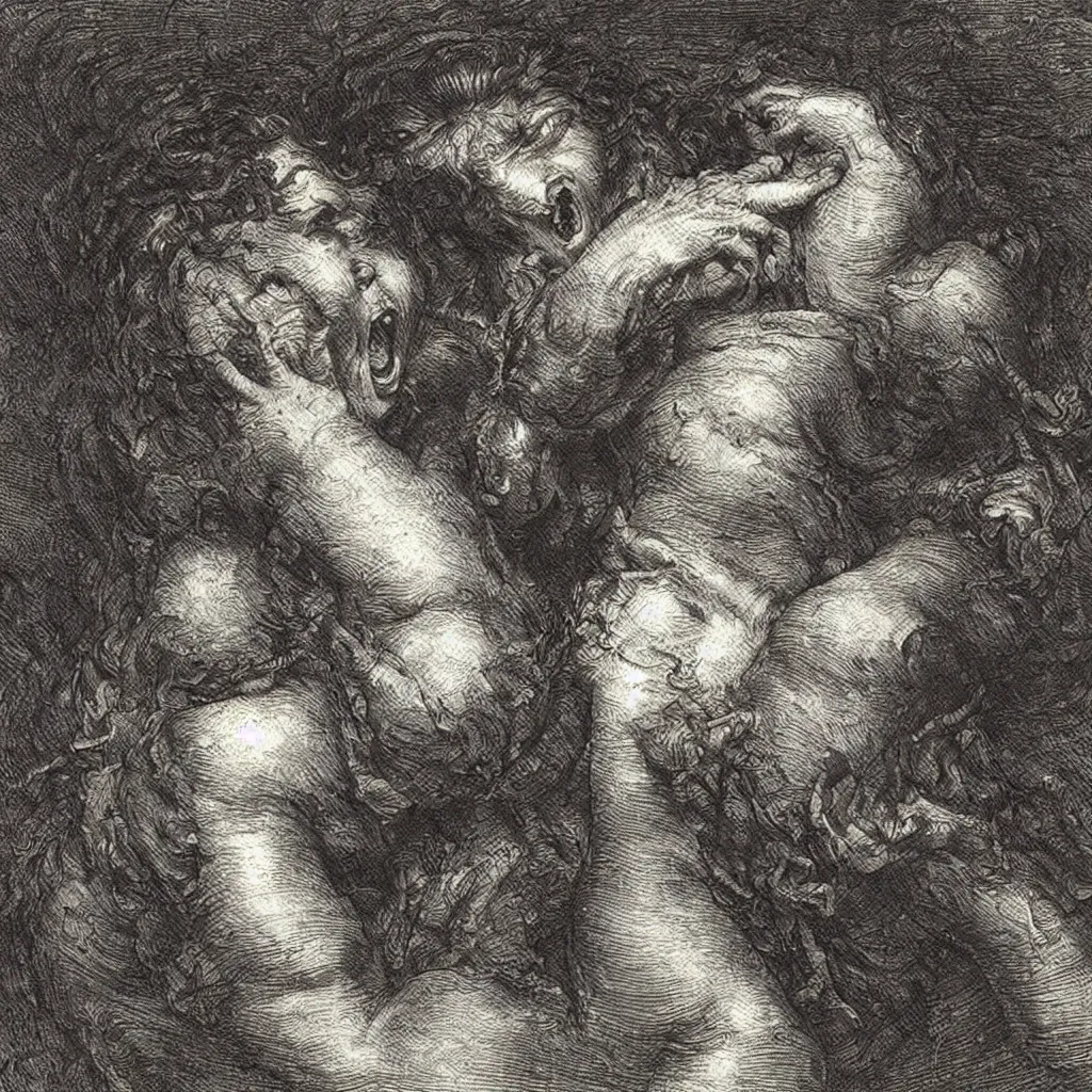 Prompt: close up of a woman cyring and rage, gustav dore