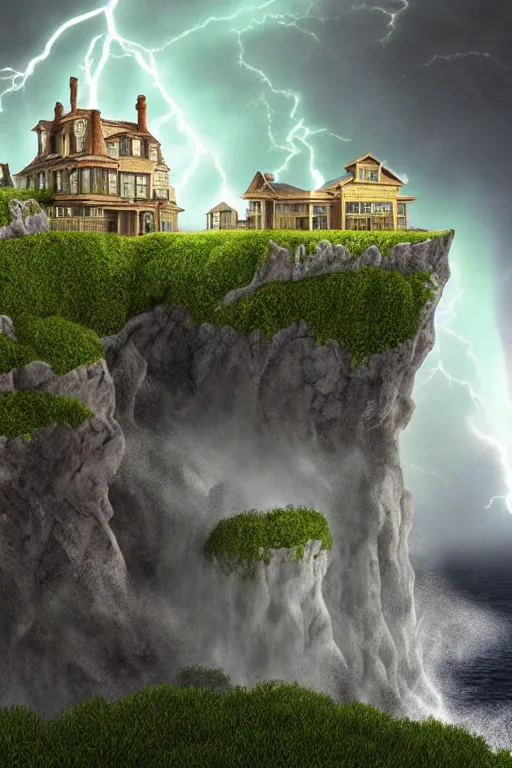 Image similar to Ultra Realistic Hyper detailed Fantasy view of a Haunted Mansion overlooking the cliffs edge where ocean waves are crashing during a lightning storm.