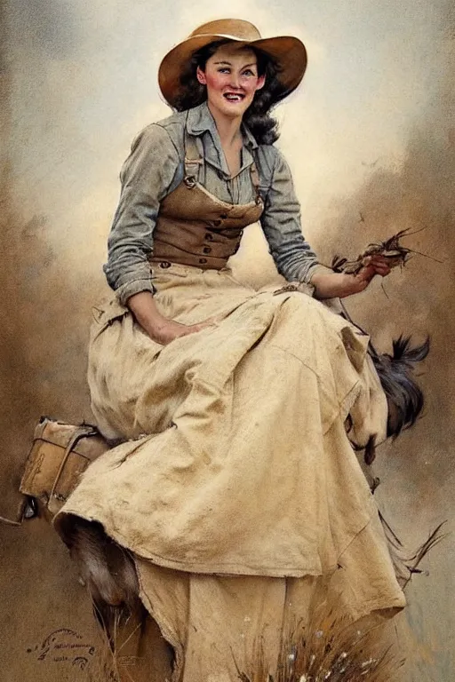 Prompt: (((((1950s wold west pioneer woman cover art . muted colors.))))) by Jean-Baptiste Monge !!!!!!!!!!!!!!!!!!!!!!!!!!!