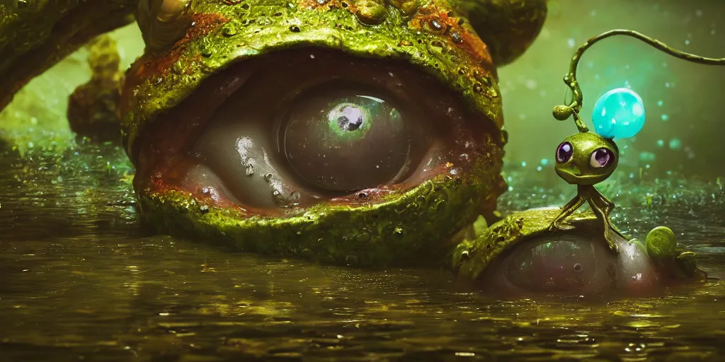 Prompt: of an intricate murky microscopic swamp with strange cute pudgy creatures with huge eyes, long tongue and big nose appearing from the waters, in the style of jeff koons, macro lens, shallow depth of field, highly detailed, digital painting, trending artstation, concept art, illustration, cinematic lighting, vibrant colors, photorealism, epic, octane render