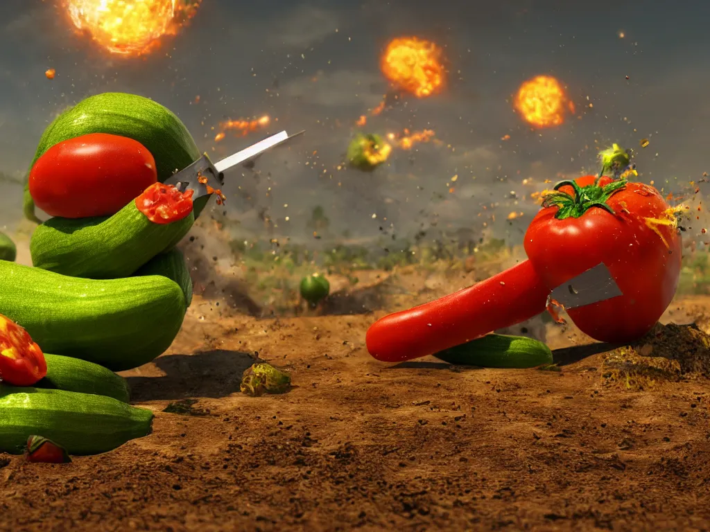 Image similar to detailed 3 d render of a raging zucchini character with peeler tool running on dirt road, scared tomates scattered everywhere, high speed action, explosions, dramatic scene, hyper realistic octane render, cinematic lighting, splatter, deviantart, black sky, lowbrow, frame from pixar movie