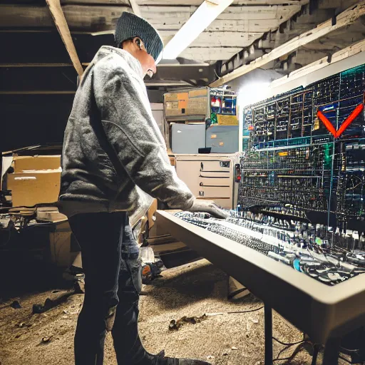 Prompt: an electrical engineer patching a modular synthesizer in a dark but adequately lot environment, artistic photography