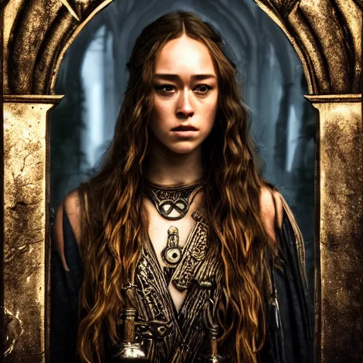 Image similar to a portrait of a alycia debnam carey as a priestess ,Grim fantasy, D&D, HDR, natural light, shoulder level shot, dynamic pose, award winning photograph, Mucha style 4k,