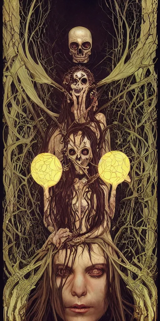 Image similar to intense glowing black metal pagan god with spider eyes and a skull in very dark forest by karol bak and josan gonzales and moebius and alphonse mucha, portrait, studio muti, malika favre, rhads, makoto