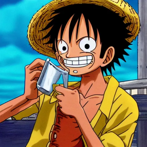 Prompt: Luffy drinking a pastis