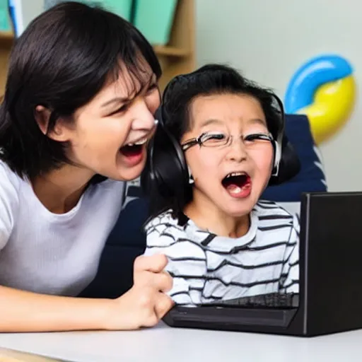Image similar to child shout on his mother who play computer games and smile.