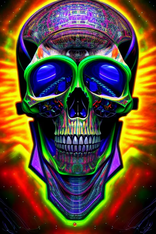 Prompt: maximalist detailed scifi robot skull portrait. lowbrow scifi artwork by kidsquidy. ray tracing hdr polished sharp in visionary psychedelic fineart style inspired by alex grey and cameron gray