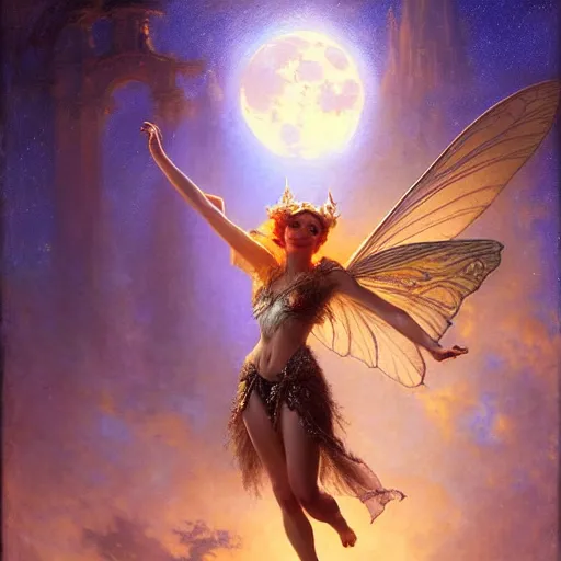 Image similar to attractive fairy queen fly high in the night, fantasy, full moon in background. hyper detailed painting by gaston bussiere, craig mullins, j. c. leyendecker, mid shot, 8 k, cryengone, cinematic lighting, beautiful,