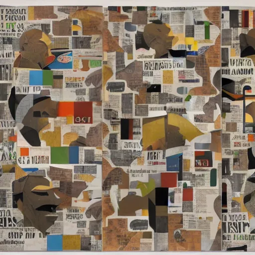 Prompt: A collage of a jazz band, mid-century modern, made of random shapes cut from magazines and newspapers, abstracted block shapes, earth tones