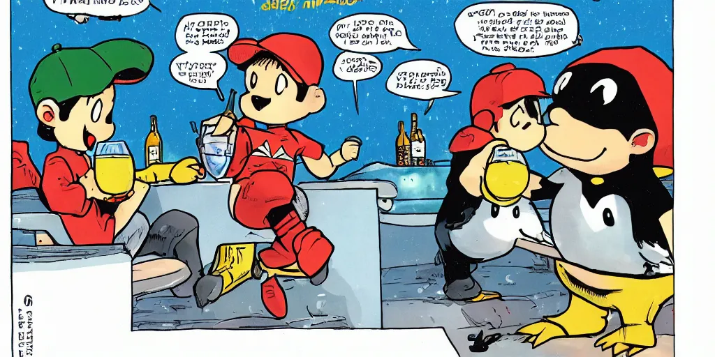 Prompt: Ness from Earthbound Aquaman and a Penguin having drinks at a bar, comic book style