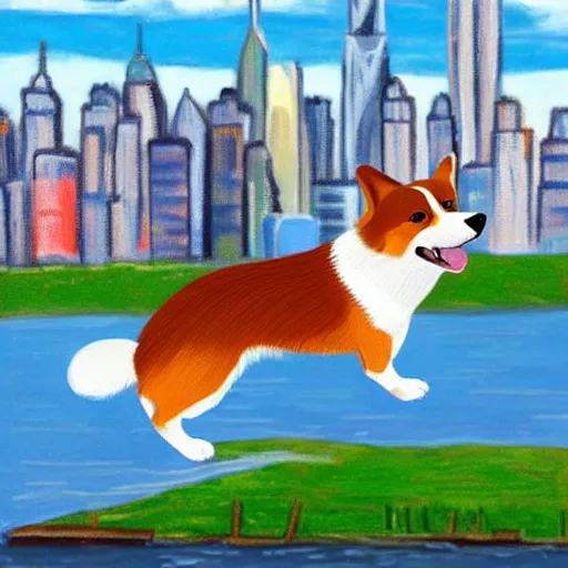 Image similar to giant welsh corgi dog standing over new york city skyline, painting