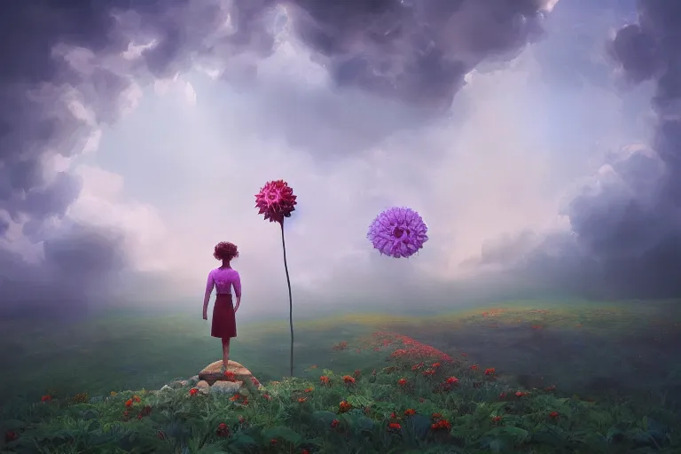 Image similar to closeup giant dahlia flower as head, girl standing on mountain, surreal photography, blue storm clouds, dramatic light, impressionist painting, digital painting, artstation, simon stalenhag